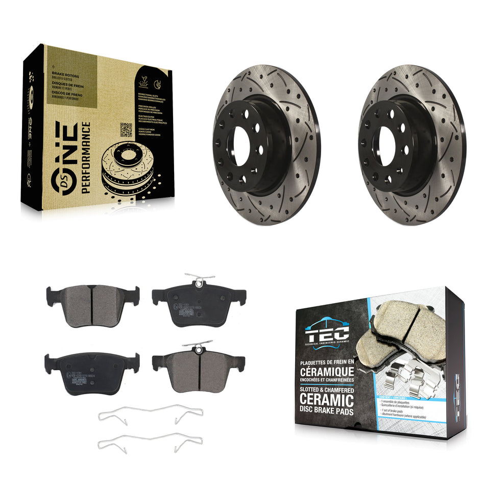 Rear Coated Drilled Slotted Disc Brake Rotors And Ceramic Pads Kit For Audi A3 Quattro Volkswagen e-Golf Sportback e-tron KDT-100576