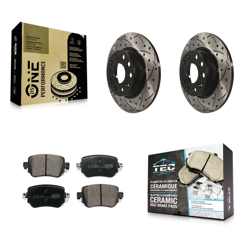 Rear Coated Drilled Slotted Disc Brake Rotors And Ceramic Pads Kit For Volkswagen Passat GTI Golf SportWagen Alltrack KDT-100577