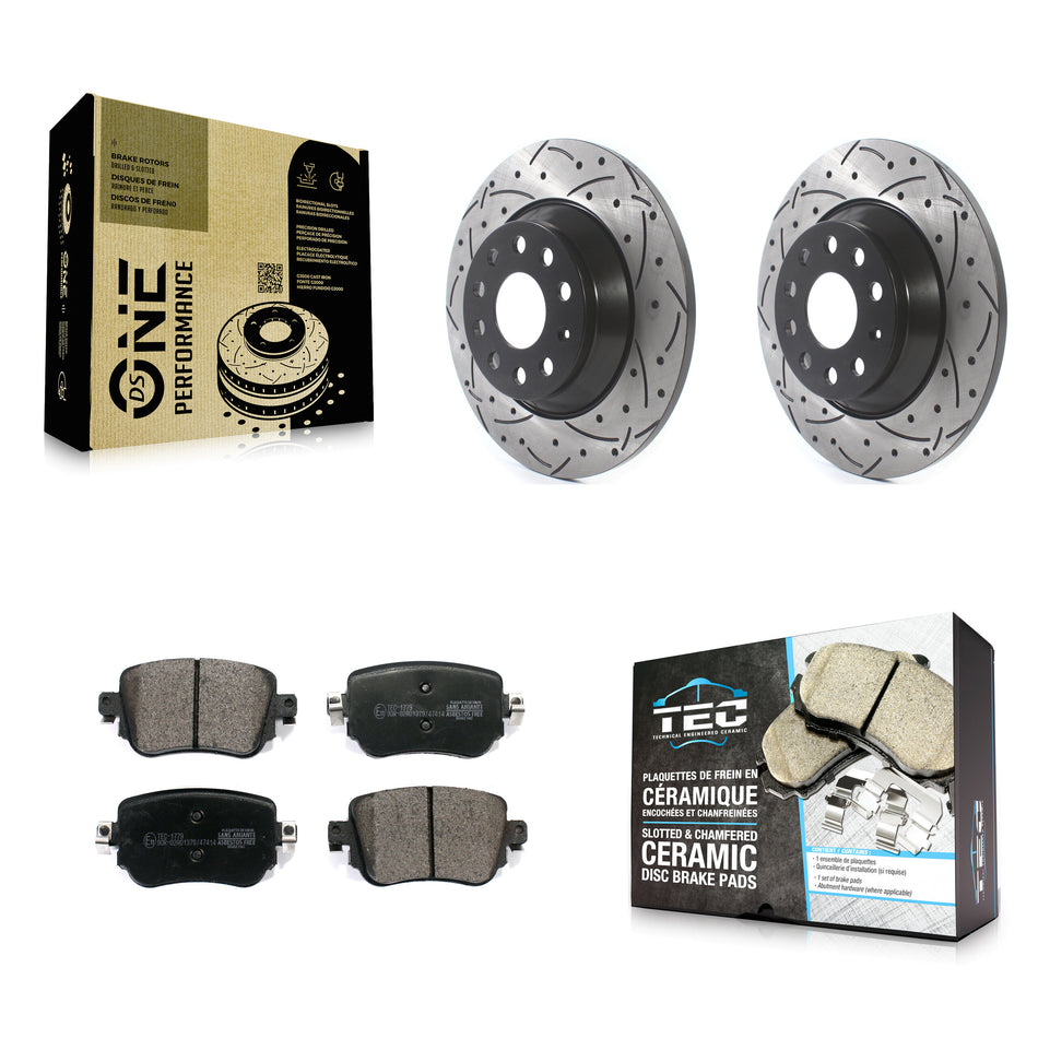 Rear Coated Drilled Slotted Disc Brake Rotors And Ceramic Pads Kit For 2016-2018 Audi Q3 Quattro KDT-100584