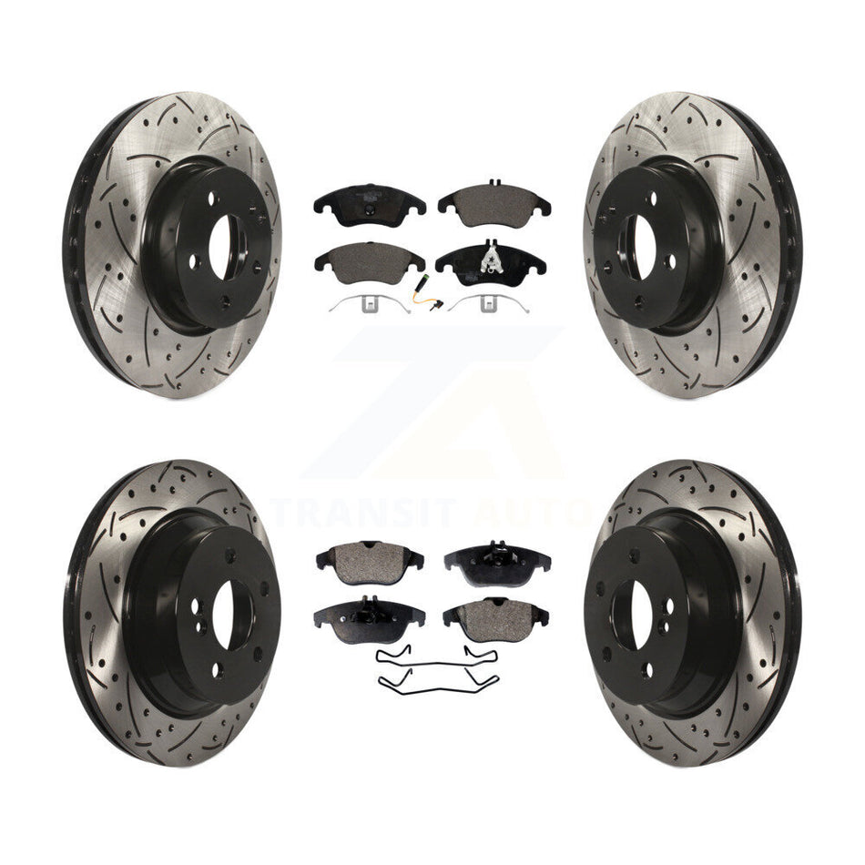 Front Rear Coated Drilled Slotted Disc Brake Rotors And Ceramic Pads Kit For 2014 Mercedes-Benz E350 Convertible Coupe With 322mm Diameter Rotor KDT-100603