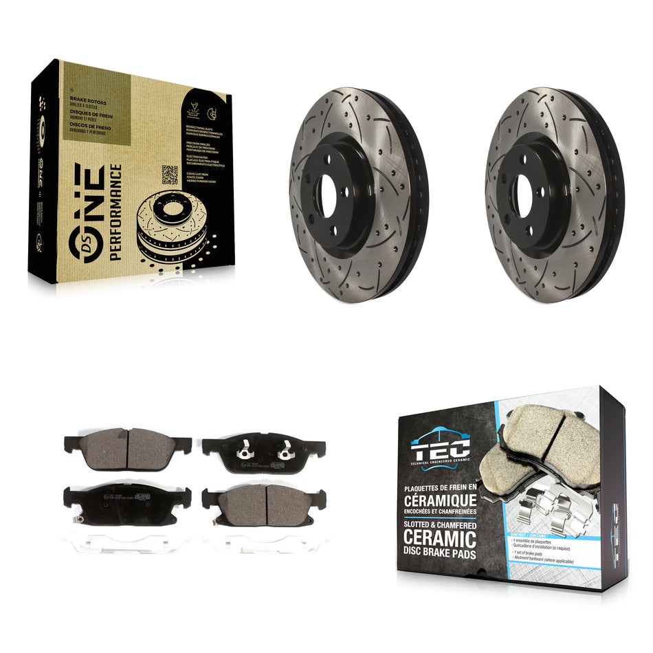 Front Coated Drilled Slotted Disc Brake Rotors And Ceramic Pads Kit For 2018 Lincoln Continental With 316mm Diameter Rotor KDT-100611