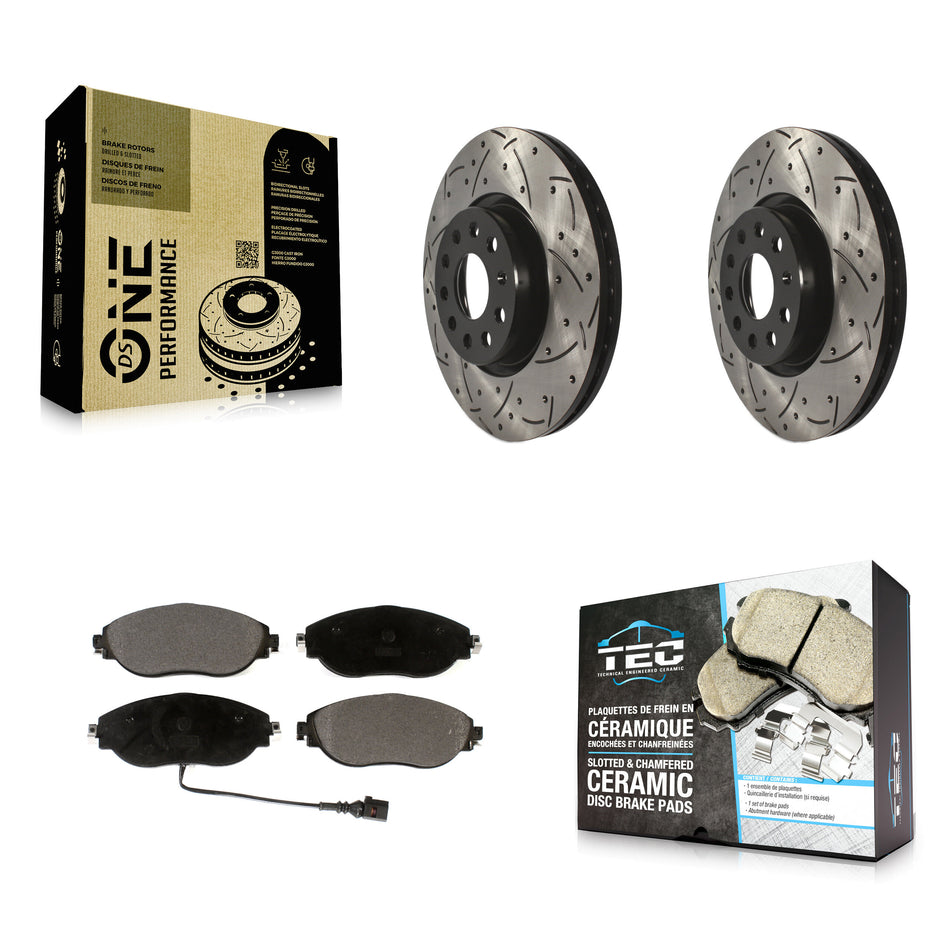 Front Coated Drilled Slotted Disc Brake Rotors And Ceramic Pads Kit For 2015 Volkswagen GTI With Performance Package KDT-100616