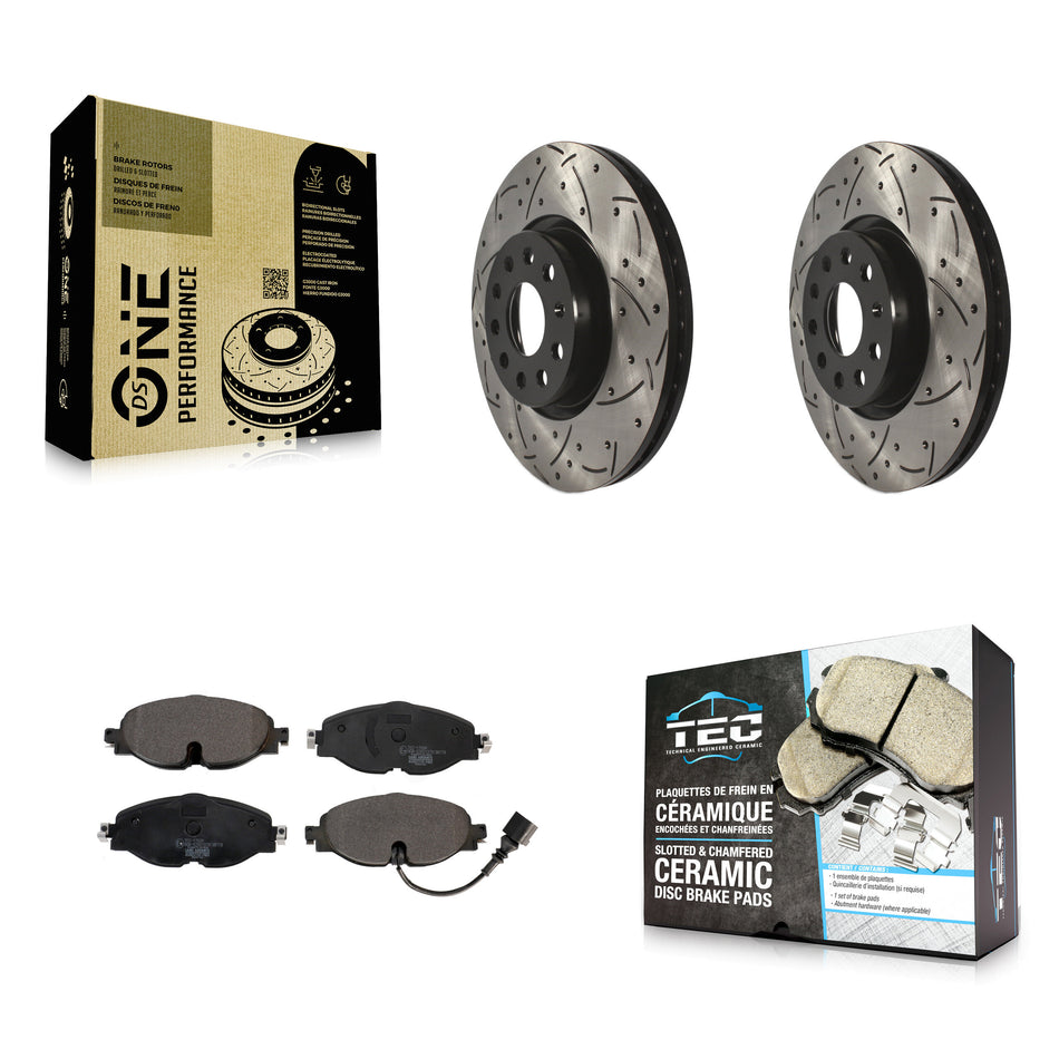 Front Coated Drilled Slotted Disc Brake Rotors And Ceramic Pads Kit For Volkswagen Audi GTI A3 Quattro Golf Alltrack Sportback e-tron TT Taos Passat KDT-100617