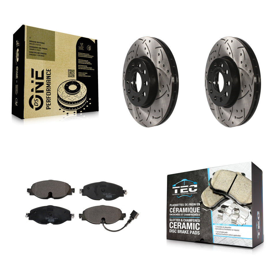 Front Coated Drilled Slotted Disc Brake Rotors And Ceramic Pads Kit For Volkswagen Jetta Audi Golf A3 SportWagen Quattro e-Golf Taos KDT-100618
