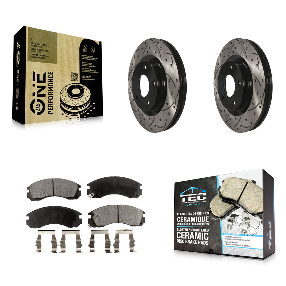 Front Coated Drilled Slotted Disc Brake Rotors And Ceramic Pads Kit For 2017 Mitsubishi Lancer With 294mm Diameter Rotor KDT-100623