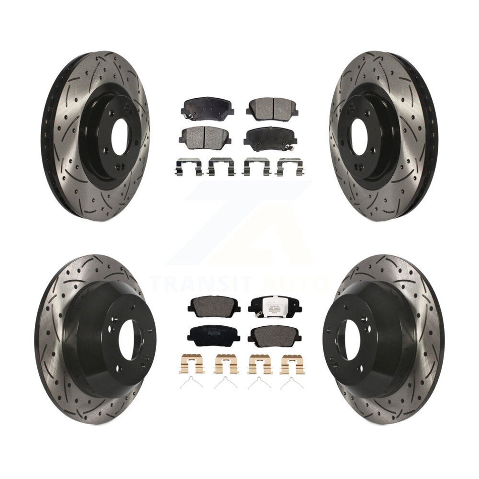 Front Rear Coated Drilled Slotted Disc Brake Rotors And Ceramic Pads Kit For 2014-2015 Kia Sorento With Red Painted Calipers KDT-100625