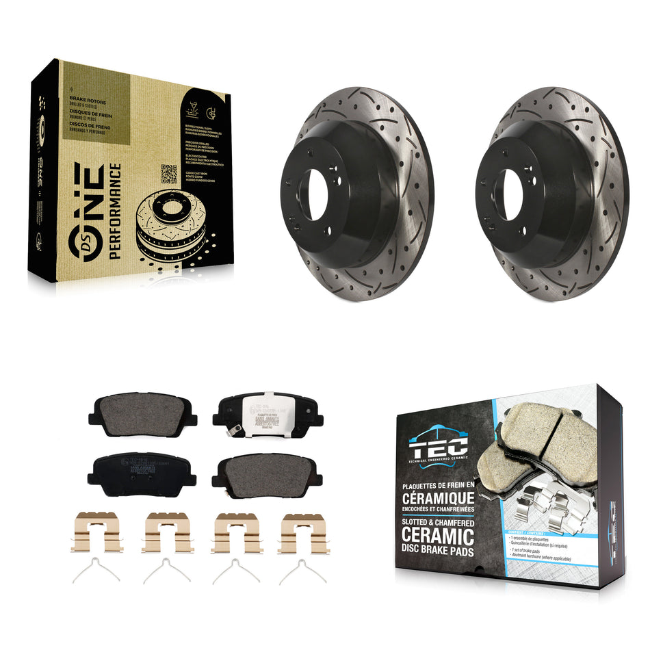 Rear Coated Drilled Slotted Disc Brake Rotors And Ceramic Pads Kit For 2014-2015 Kia Sorento With Red Painted Calipers KDT-100627