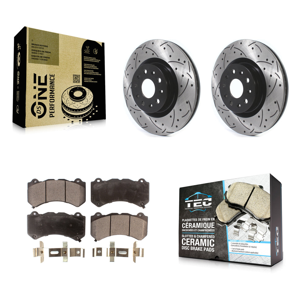 Front Coated Drilled Slotted Disc Brake Rotors And Ceramic Pads Kit For 2016 Cadillac CTS Vsport Premium with RWD KDT-100630