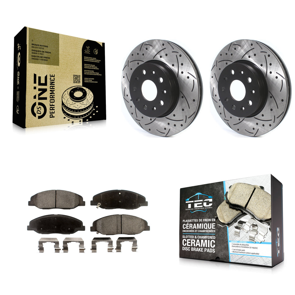 Front Coated Drilled Slotted Disc Brake Rotors And Ceramic Pads Kit For Cadillac CTS Without Heavy Duty Brakes KDT-100634