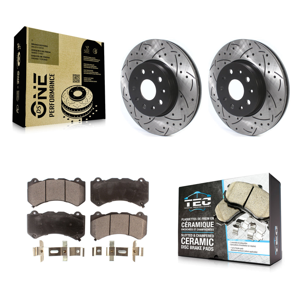 Front Coated Drilled Slotted Disc Brake Rotors And Ceramic Pads Kit For 2019-2020 Chevrolet Camaro LT LS With 6 Piston Brembo Calipers KDT-100635