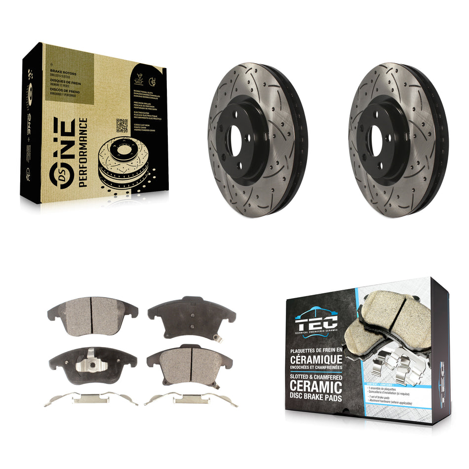 Front Coated Drilled Slotted Disc Brake Rotors And Ceramic Pads Kit For 2019-2020 Ford Police Responder Hybrid SSV Plug-In KDT-100638