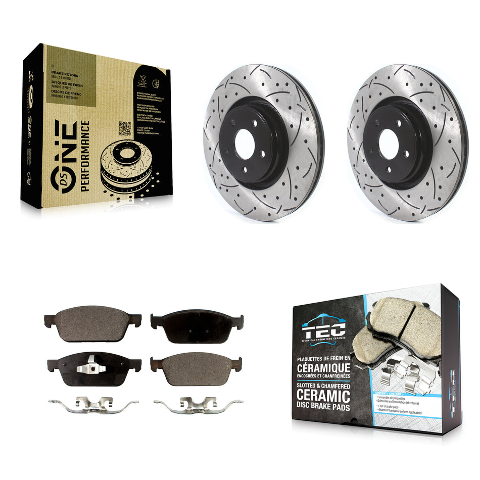 Front Coated Drilled Slotted Disc Brake Rotors And Ceramic Pads Kit For Ford Focus Lincoln MKC KDT-100639