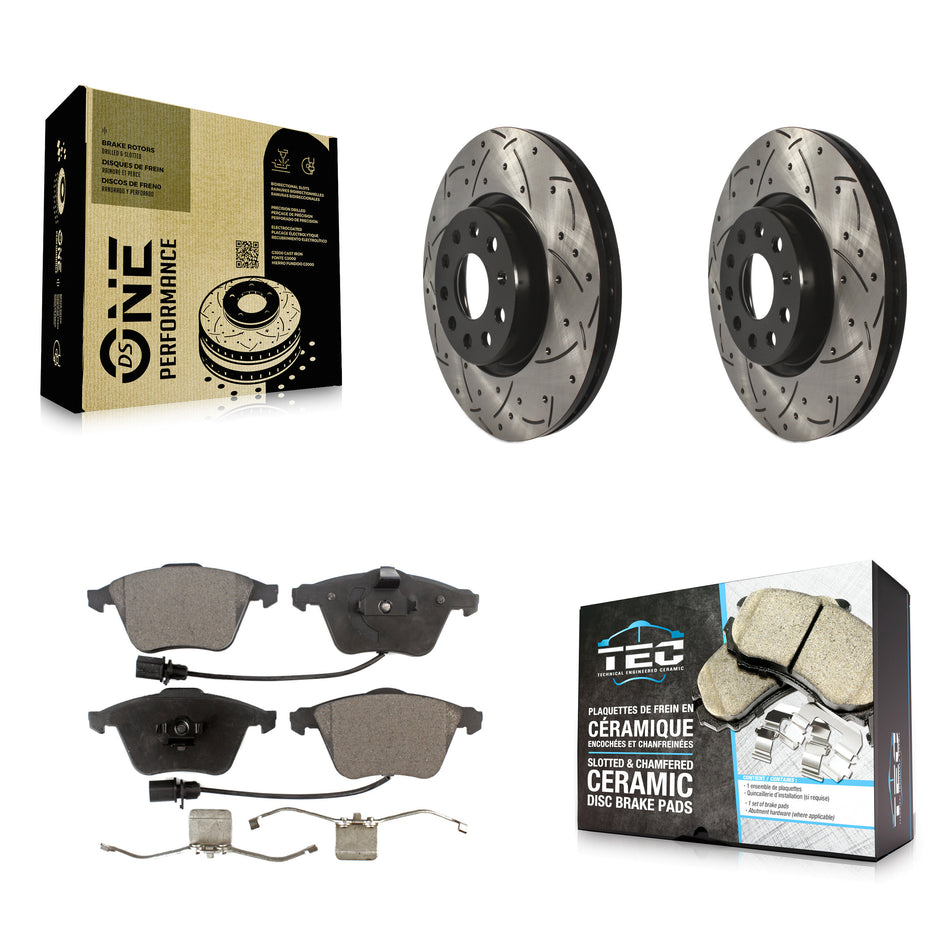 Front Coated Drilled Slotted Disc Brake Rotors And Ceramic Pads Kit For Volkswagen CC Passat KDT-100640