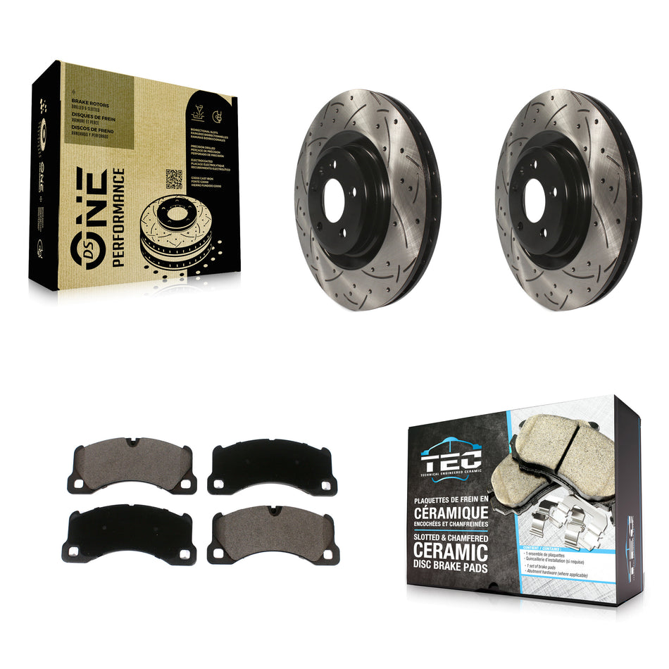 Front Coated Drilled Slotted Disc Brake Rotors And Ceramic Pads Kit For 2017 Porsche Macan Base KDT-100641