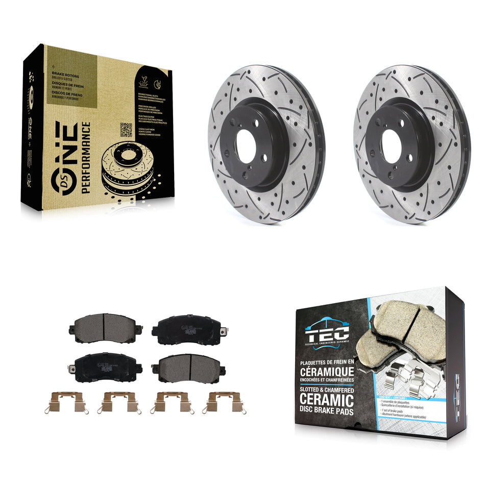 Front Coated Drilled Slotted Disc Brake Rotors And Ceramic Pads Kit For 2017-2021 Subaru Impreza With 276mm Diameter Rotor KDT-100655