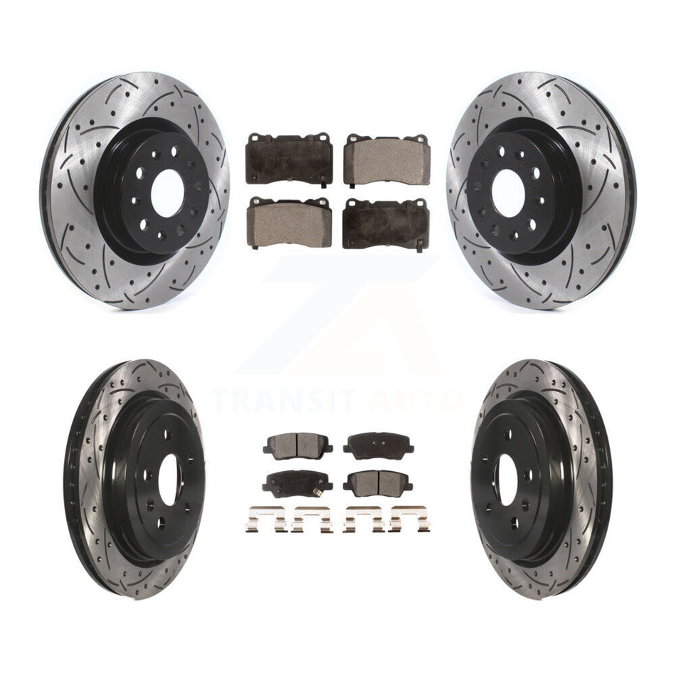 Front Rear Coated Drilled Slotted Disc Brake Rotors And Ceramic Pads Kit For Cadillac CTS With 18" Factory Wheels KDT-100660