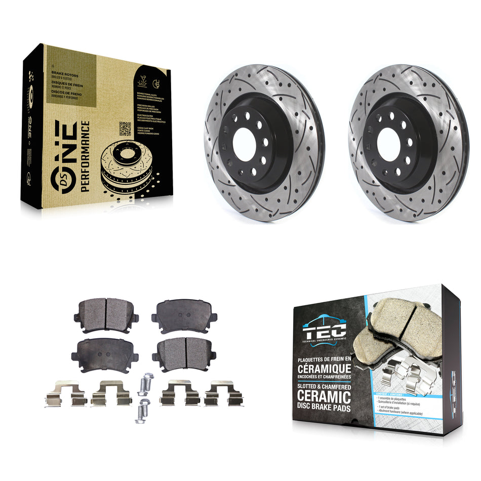 Rear Coated Drilled Slotted Disc Brake Rotors And Ceramic Pads Kit For Volkswagen CC Passat GTI Golf R R32 Audi TTS Quattro KDT-100700