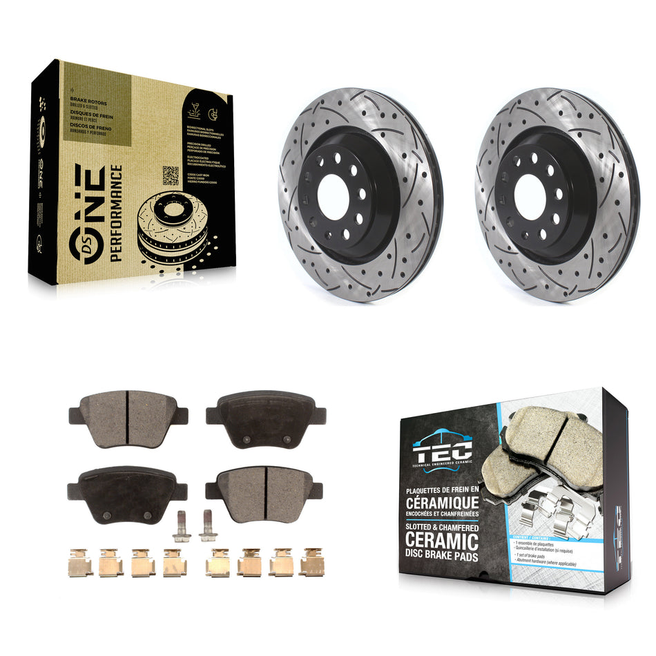 Rear Coated Drilled Slotted Disc Brake Rotors And Ceramic Pads Kit For 2013 Volkswagen GTI With 310mm Diameter Rotor KDT-100701