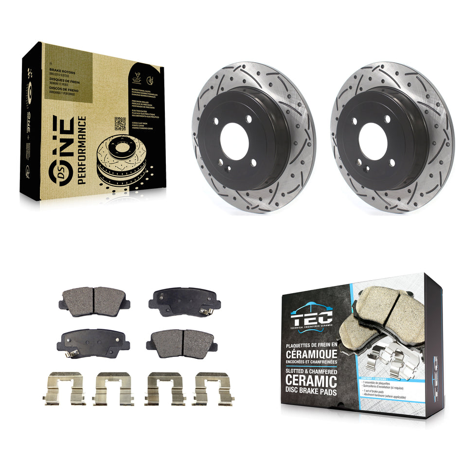 Rear Coated Drilled Slotted Disc Brake Rotors And Ceramic Pads Kit For 2011 Hyundai Accent KDT-100704