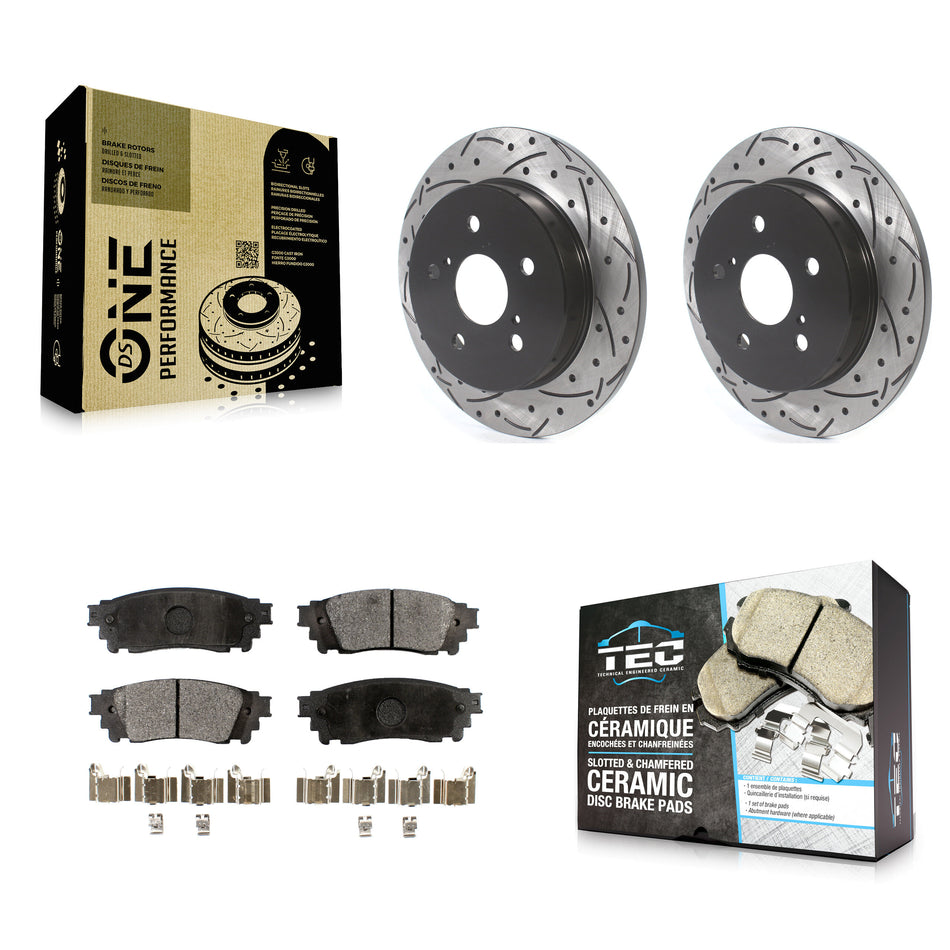 Rear Coated Drilled Slotted Disc Brake Rotor & Ceramic Pad Kit For Toyota Camry RAV4 Lexus NX200t C-HR NX300 ES350 Avalon NX300h ES300h UX250h UX200 ES250 Venza Corolla Cross KDT-100707