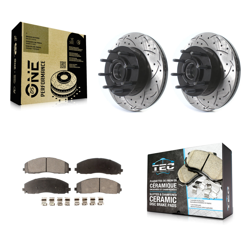 Front Coated Drilled Slotted Disc Brake Rotors Hub Assembly And Ceramic Pads Kit For Ford F-250 Super Duty F-350 KDT-100714