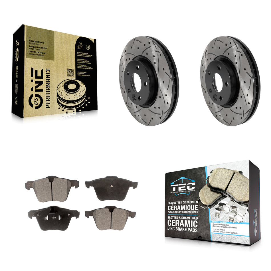 Front Coated Drilled Slotted Disc Brake Rotors And Ceramic Pads Kit For 2008 Volvo V70 With 300mm Diameter Rotor KDT-100787