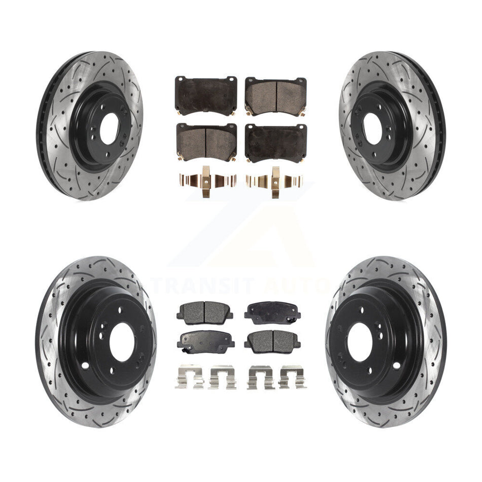 Front Rear Coated Drilled Slotted Disc Brake Rotors And Ceramic Pads Kit For Hyundai Genesis 4.6L KDT-100858