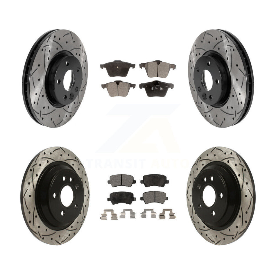 Front Rear Coated Drilled Slotted Disc Brake Rotors And Ceramic Pads Kit For 2008 Volvo V70 With 300mm Diameter Rotor KDT-100861