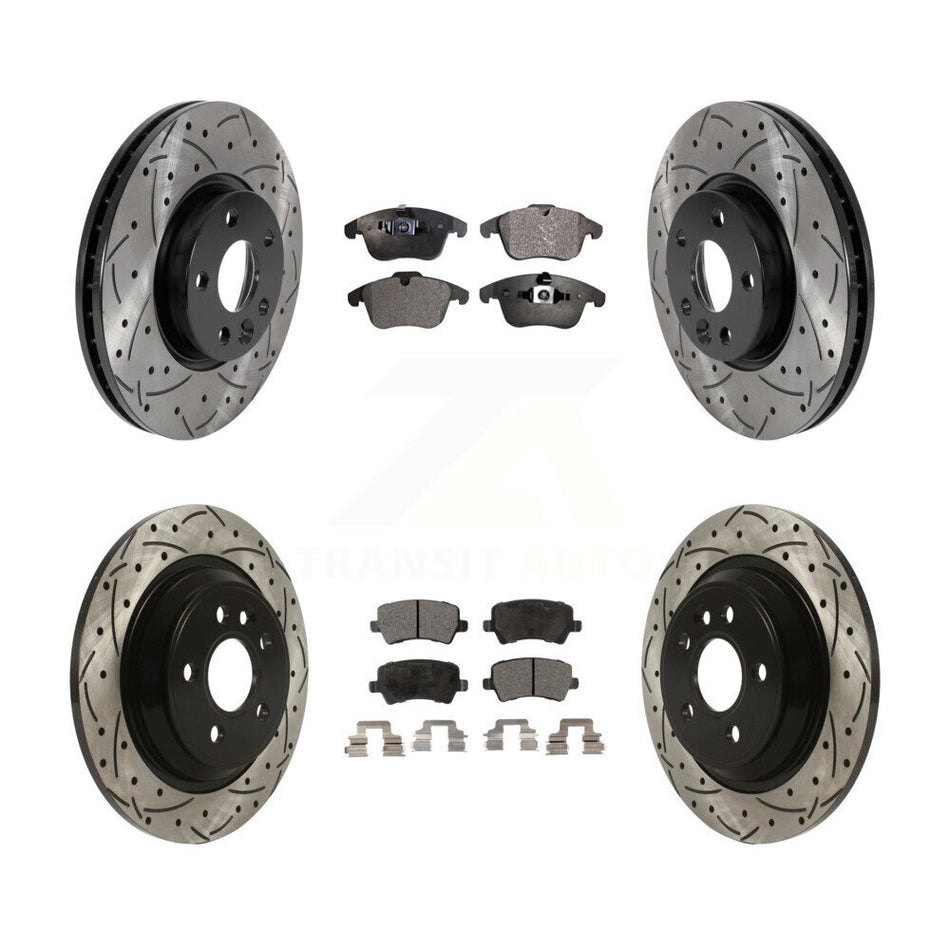 Front Rear Coated Drilled Slotted Disc Brake Rotors And Ceramic Pads Kit For 2013-2014 Volvo S60 With 300mm Diameter Rotor KDT-100862