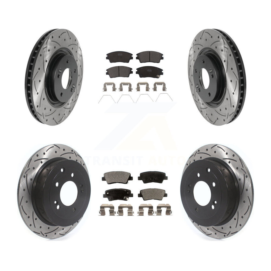 Front Rear Coated Drilled Slotted Disc Brake Rotors And Ceramic Pads Kit For 2017-2021 Kia Sportage Turbocharged With Manual Parking KDT-100877