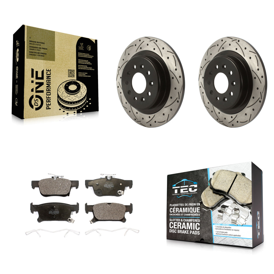 Rear Coated Drilled Slotted Disc Brake Rotors And Ceramic Pads Kit For 2016-2018 Buick Envision With 315mm Diameter Rotor KDT-100910