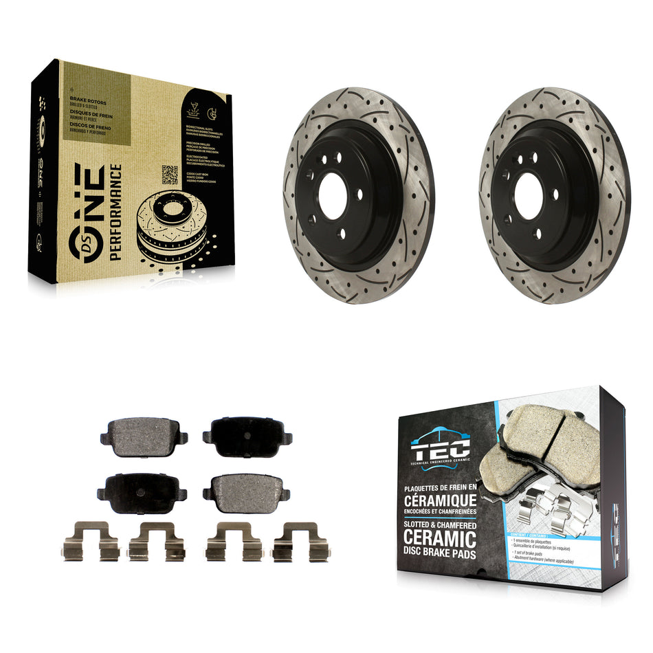 Rear Coated Drilled Slotted Disc Brake Rotors And Ceramic Pads Kit For 2008-2011 Volvo S80 FWD With Electric Parking KDT-100933