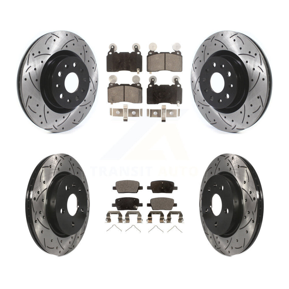 Front Rear Coated Drilled Slotted Disc Brake Rotors And Ceramic Pads Kit For 2016-2018 Cadillac CT6 With 345mm Diameter Rotor KDT-100977