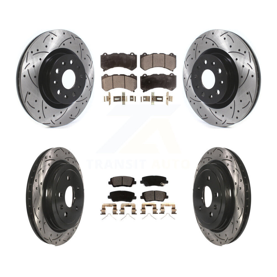 Front Rear Coated Drilled Slotted Disc Brake Rotors And Ceramic Pads Kit For 2016 Cadillac CTS Vsport Premium with RWD Without Performance Lining KDT-100996