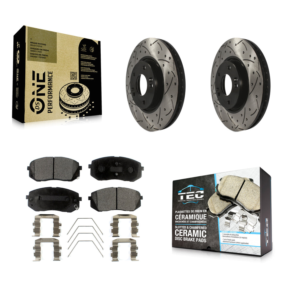 Front Coated Drilled Slotted Disc Brake Rotors And Ceramic Pads Kit For 2017-2019 Kia Soul EV KDT-101032