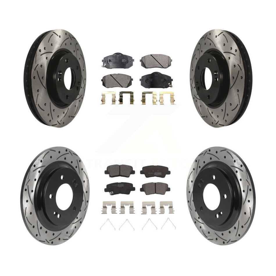 Front Rear Coated Drilled Slotted Disc Brake Rotors And Ceramic Pads Kit For 2016 Kia Soul EV From Chassis VIN #160921 KDT-101047