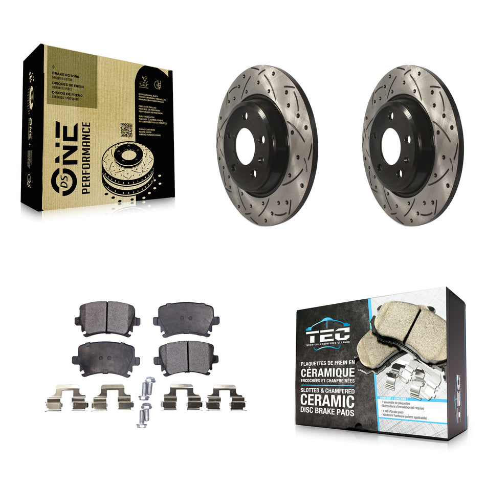 Rear Coated Drilled Slotted Disc Brake Rotors And Ceramic Pads Kit For 2009 Audi A4 Quattro Convertible With 300mm Diameter Rotor KDT-101055