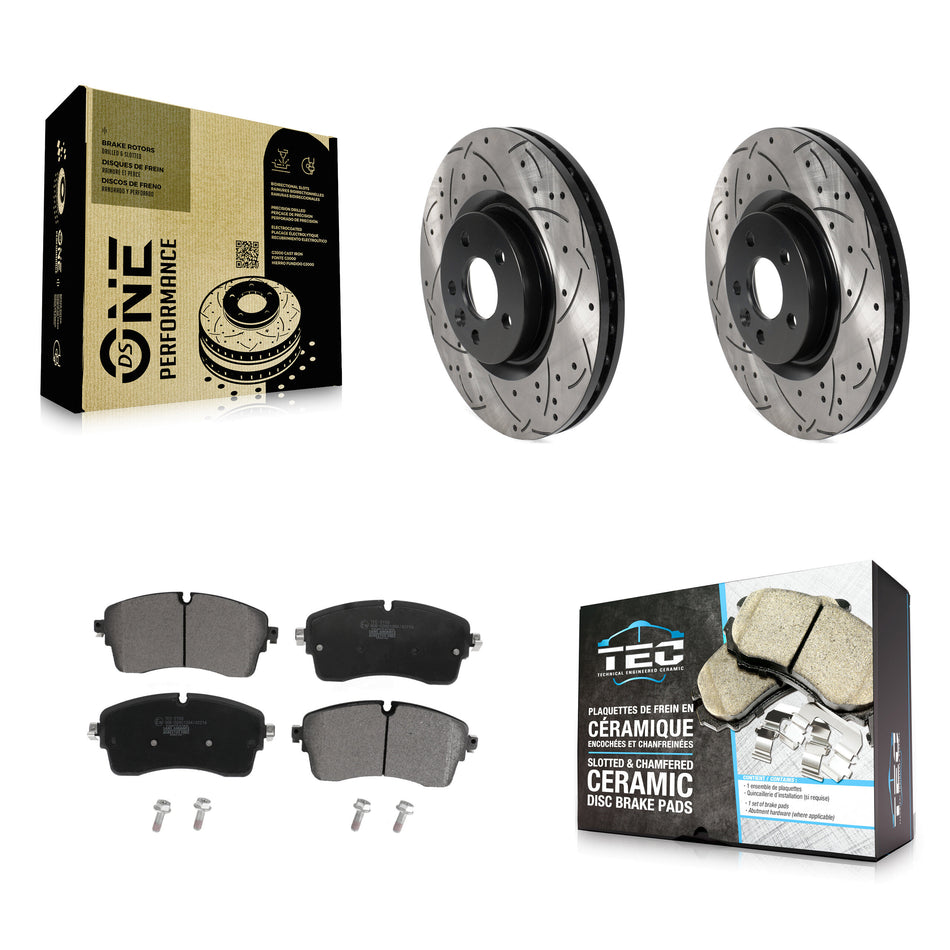 Front Coated Drilled Slotted Disc Brake Rotors And Ceramic Pads Kit For 2018 Jaguar E-Pace S SE With 325mm Diameter Rotor KDT-101077