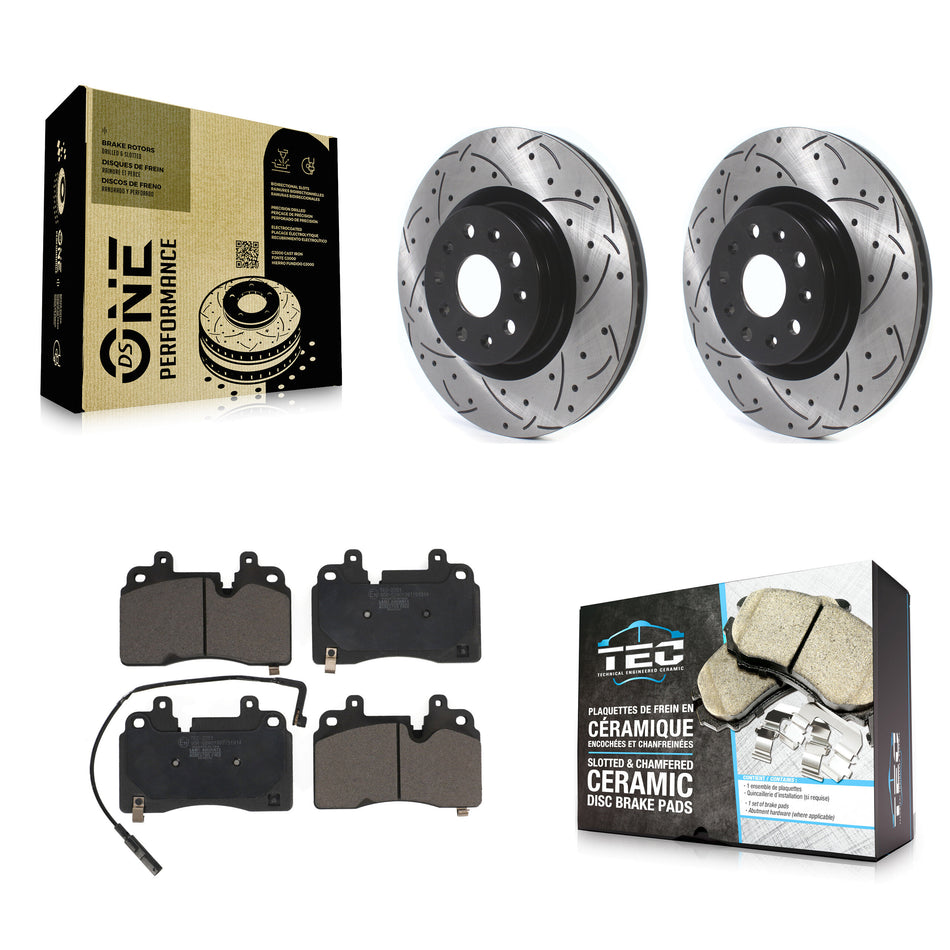Front Coated Drilled Slotted Disc Brake Rotors And Ceramic Pads Kit For 2019-2020 Cadillac CT6 With Heavy Duty Brakes 345mm Diameter Rotor KDT-101106