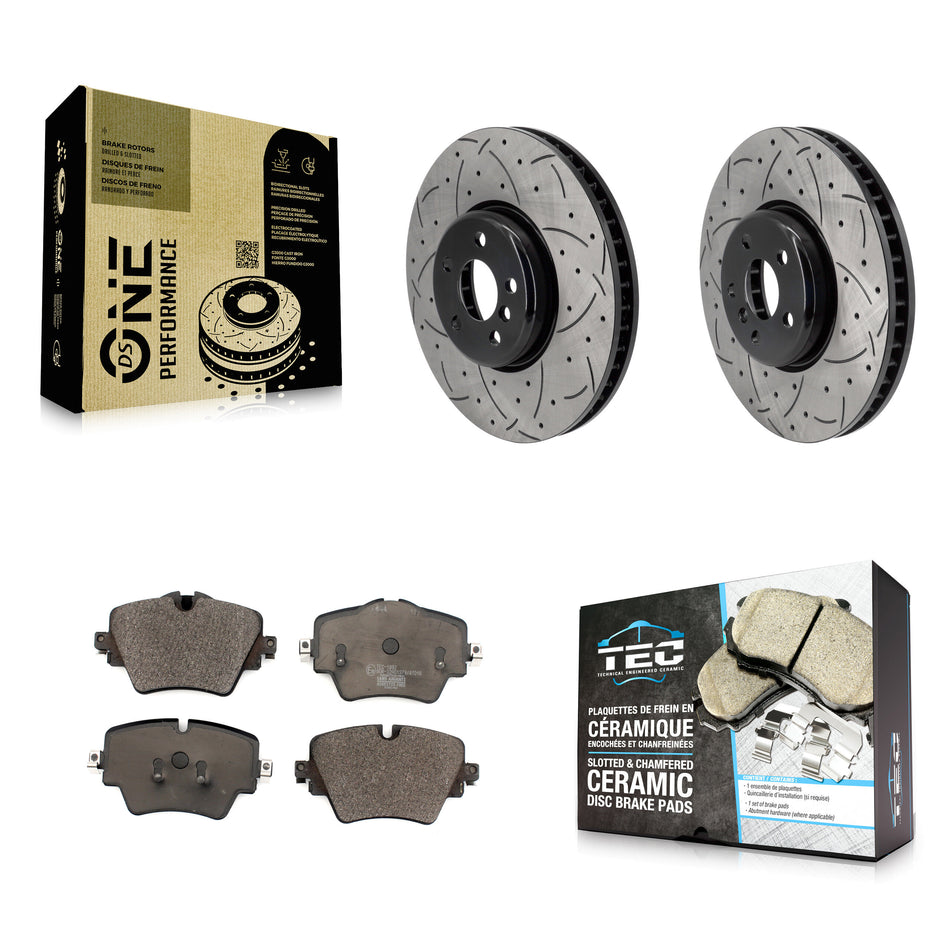 Front Drill Slot Brake Rotor Ceramic Pad Kit For 21 Toyota GR Supra With 4 Piston Caliper KDT-101273