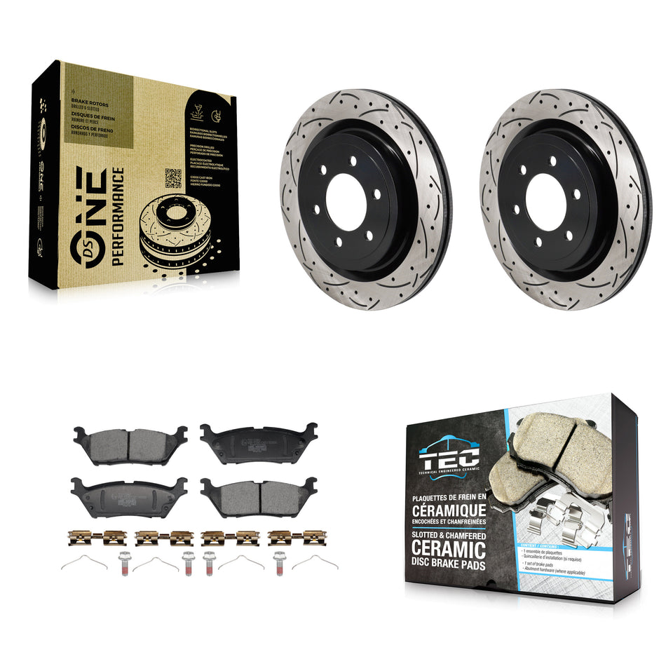 Rear Coated Drilled Slotted Disc Brake Rotor And Ceramic Pad Kit For Ford F-150 Lightning KDT-101431