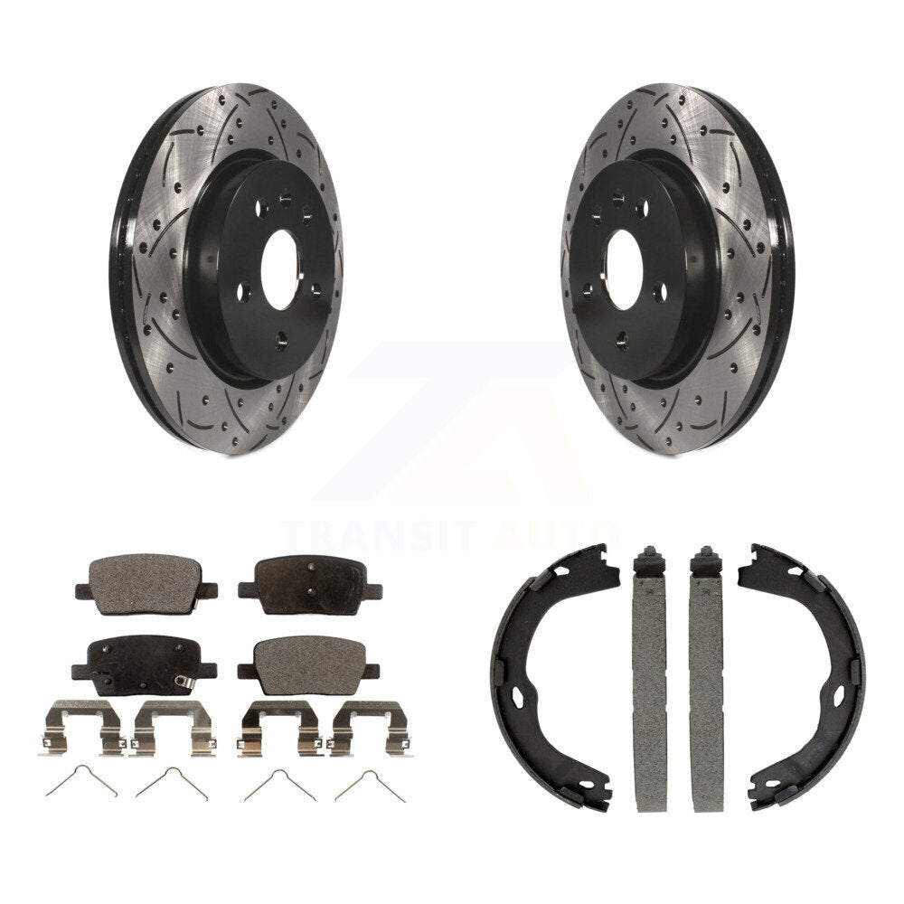 Rear Disc Drilled & Slotted Rotors Ceramic Pads Parking Shoes Kit For Chevrolet Camaro KDT-101447