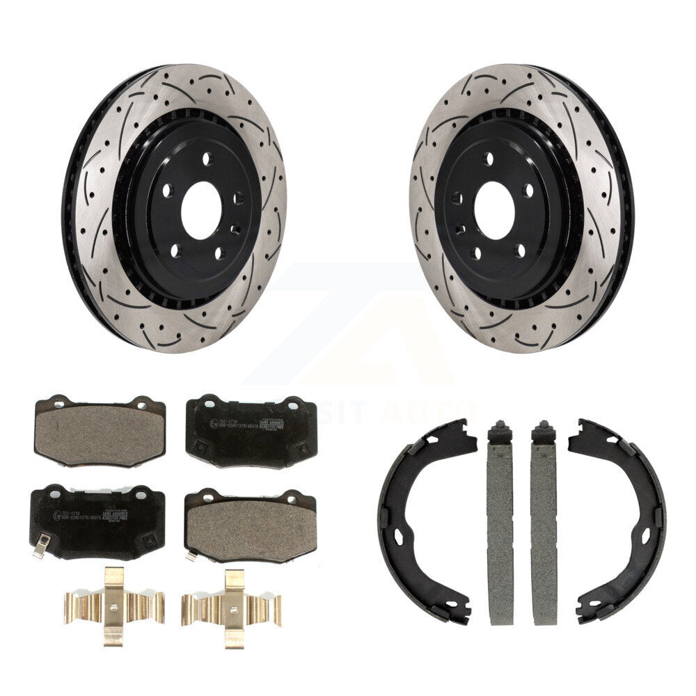 Rear Disc Drilled & Slotted Rotors Ceramic Pads Parking Shoes Kit For Chevrolet Camaro KDT-101448