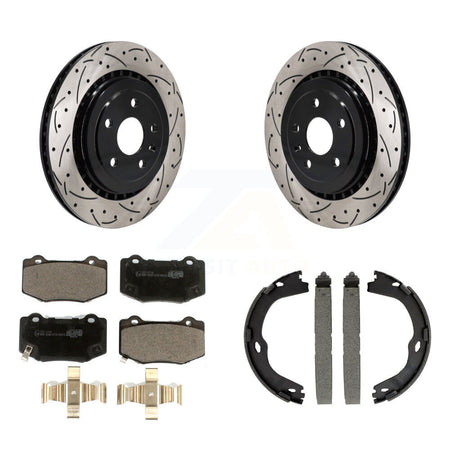 Rear Disc Drilled & Slotted Rotors Ceramic Pads Parking Shoes Kit For Chevrolet Camaro KDT-101448