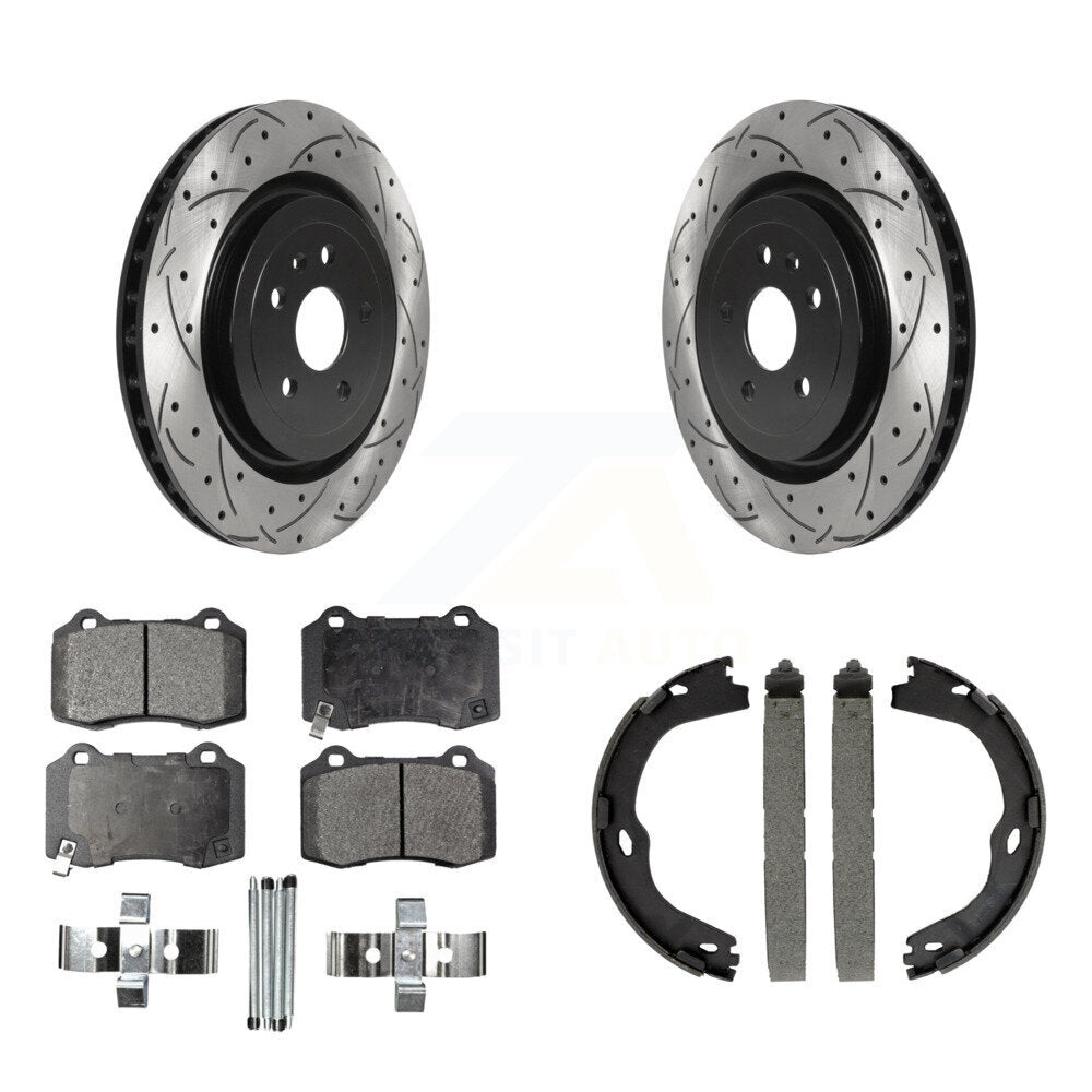 Rear Disc Drilled & Slotted Rotors Ceramic Pads Parking Shoes Kit For Chevrolet Camaro KDT-101449