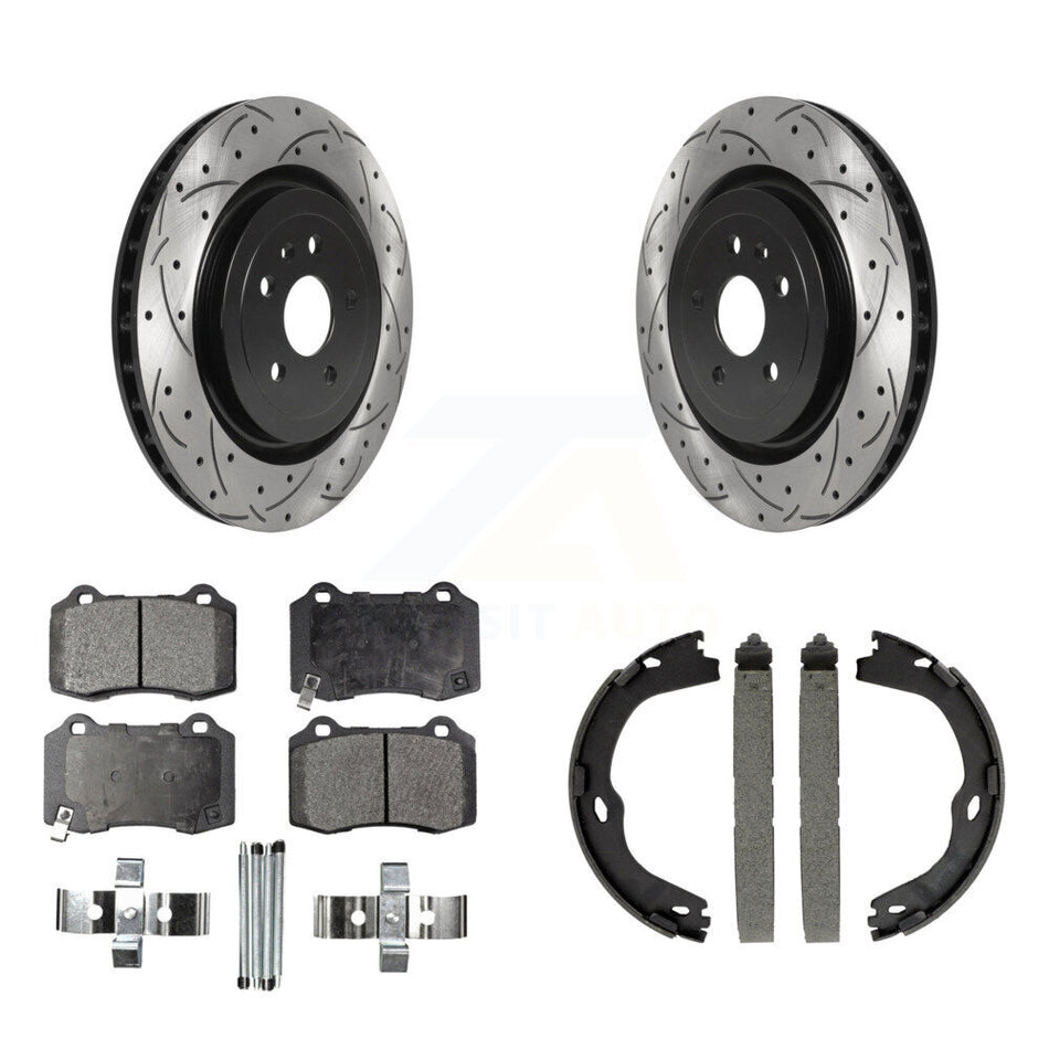 Rear Disc Drilled & Slotted Rotors Ceramic Pads Parking Shoes Kit For Chevrolet Camaro KDT-101449