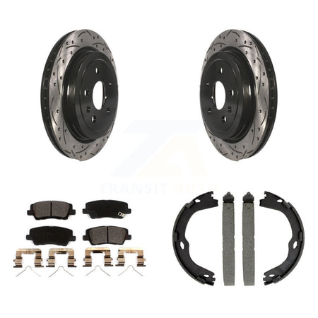Rear Disc Drilled & Slotted Rotors Ceramic Pads Parking Brake Shoes Kit For Cadillac CTS KDT-101450