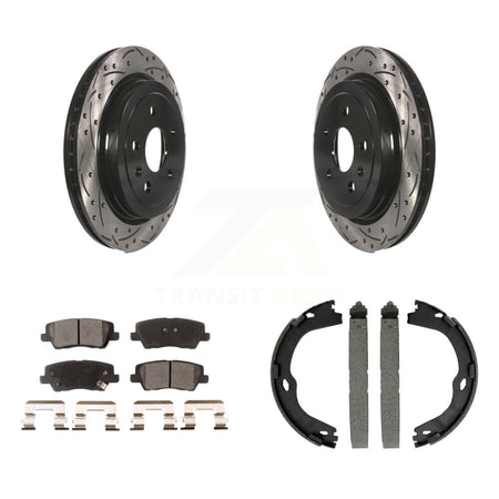 Rear Disc Drilled & Slotted Rotors Ceramic Pads Parking Brake Shoes Kit For Cadillac CTS KDT-101451
