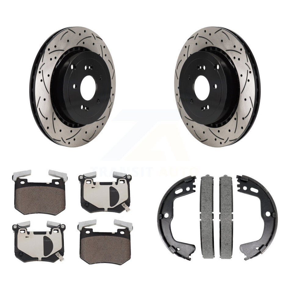 Rear Disc Drilled & Slotted Rotors Ceramic Pads Parking Shoes Kit For Kia Stinger Genesis KDT-101452