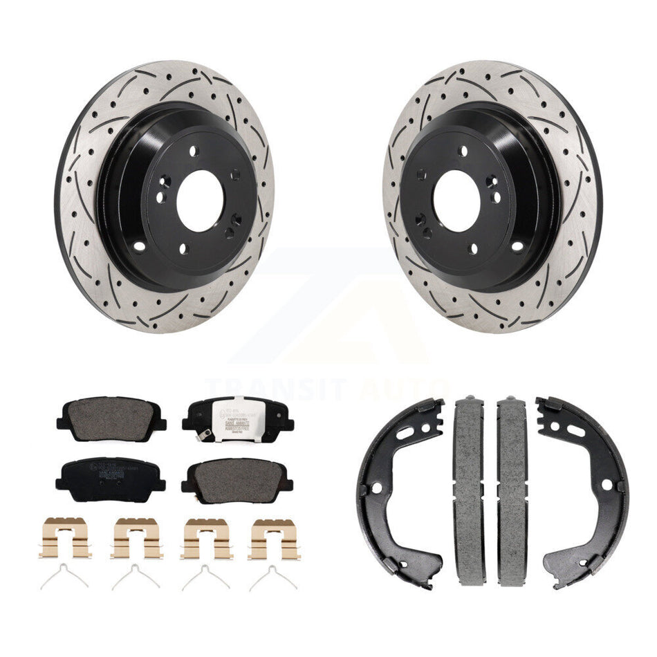 Rear Disc Drilled & Slotted Rotors Ceramic Pads Parking Shoes Kit For Kia Stinger Genesis KDT-101453